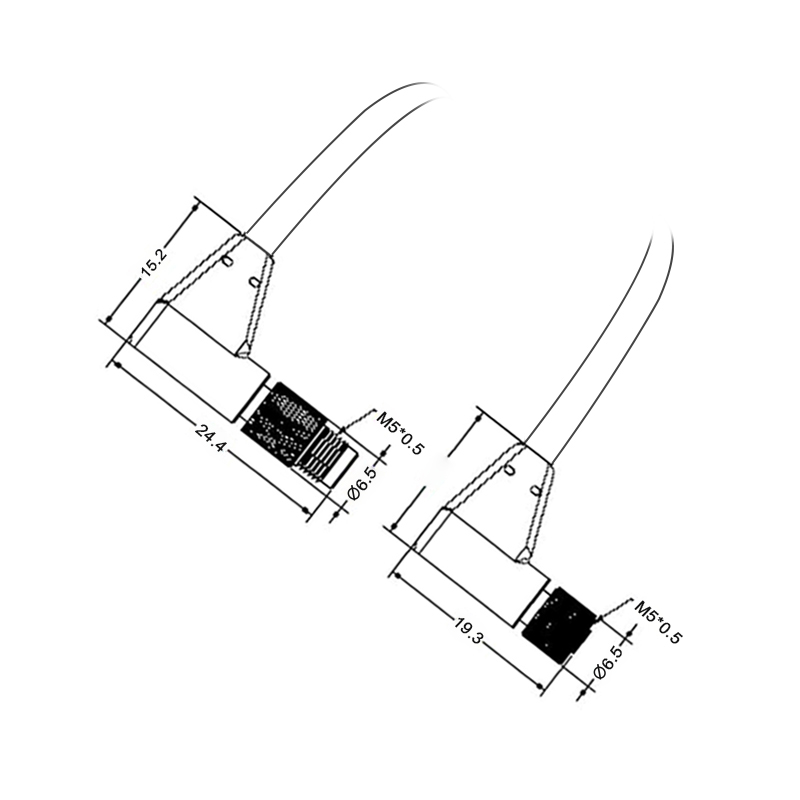 M5 4pins A code male to female right angle cable,unshielded,PVC,-40°C~+105°C,26AWG 0.14mm²,brass with nickel plated screw